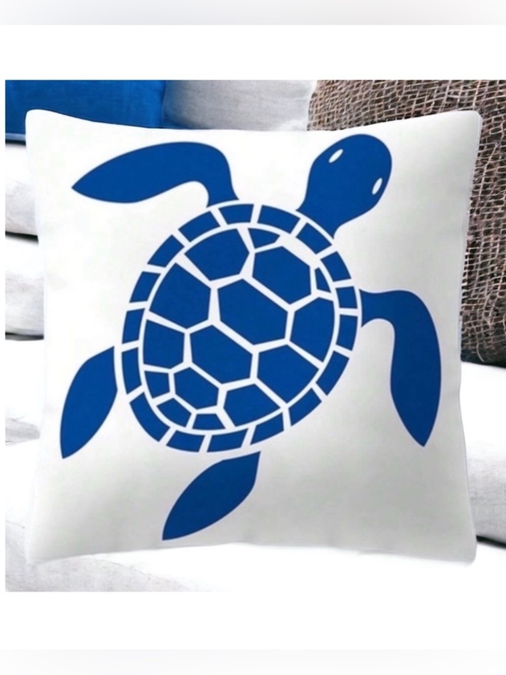 Coastal Pillow Cover Sea Turtle Nautical Graphic Beach 17.75” Square Blue White